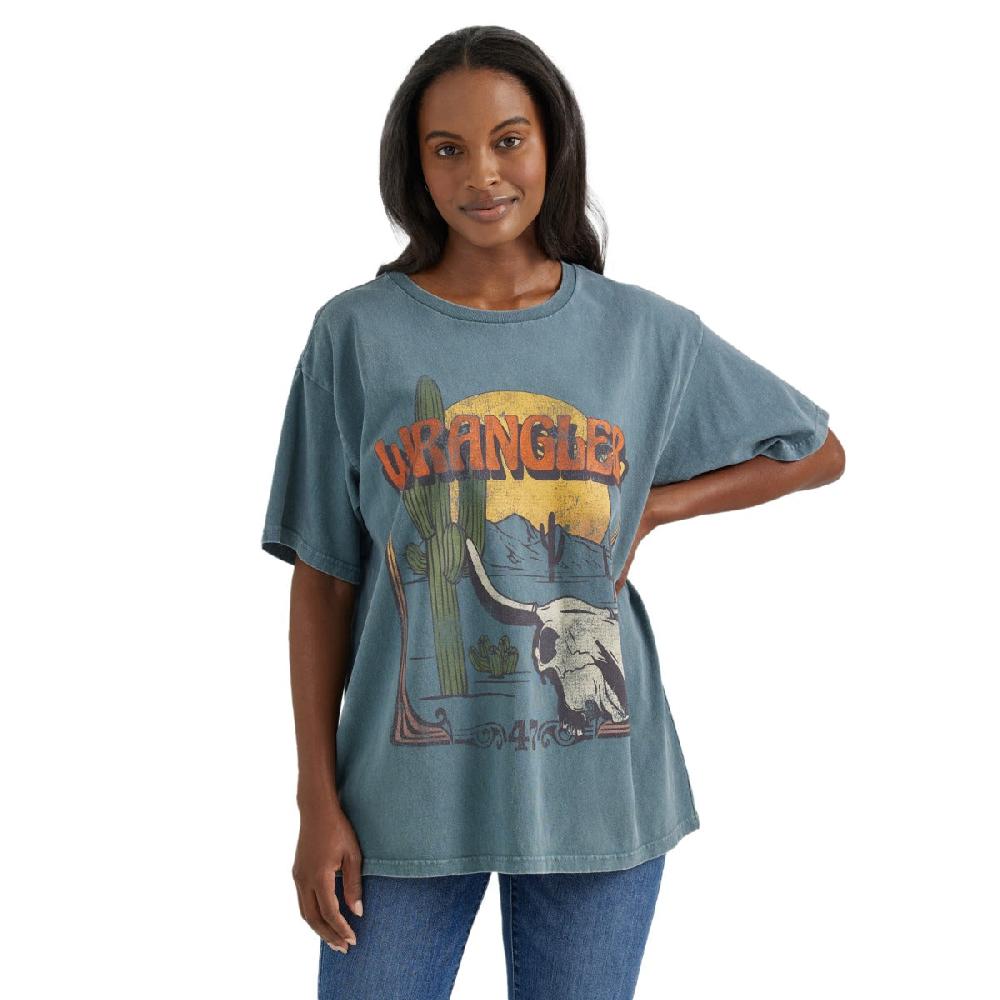 le bos Wrangler Blue Western Graphic Oversized Women's Cotton Tee Shirt 112354383