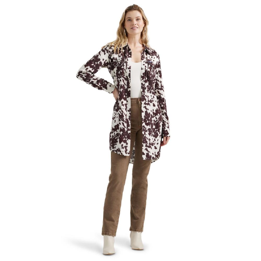 Le Bos Wrangler Brown Cow Print Women's Collared Longsleeve Snap Shirt Dress 112356666