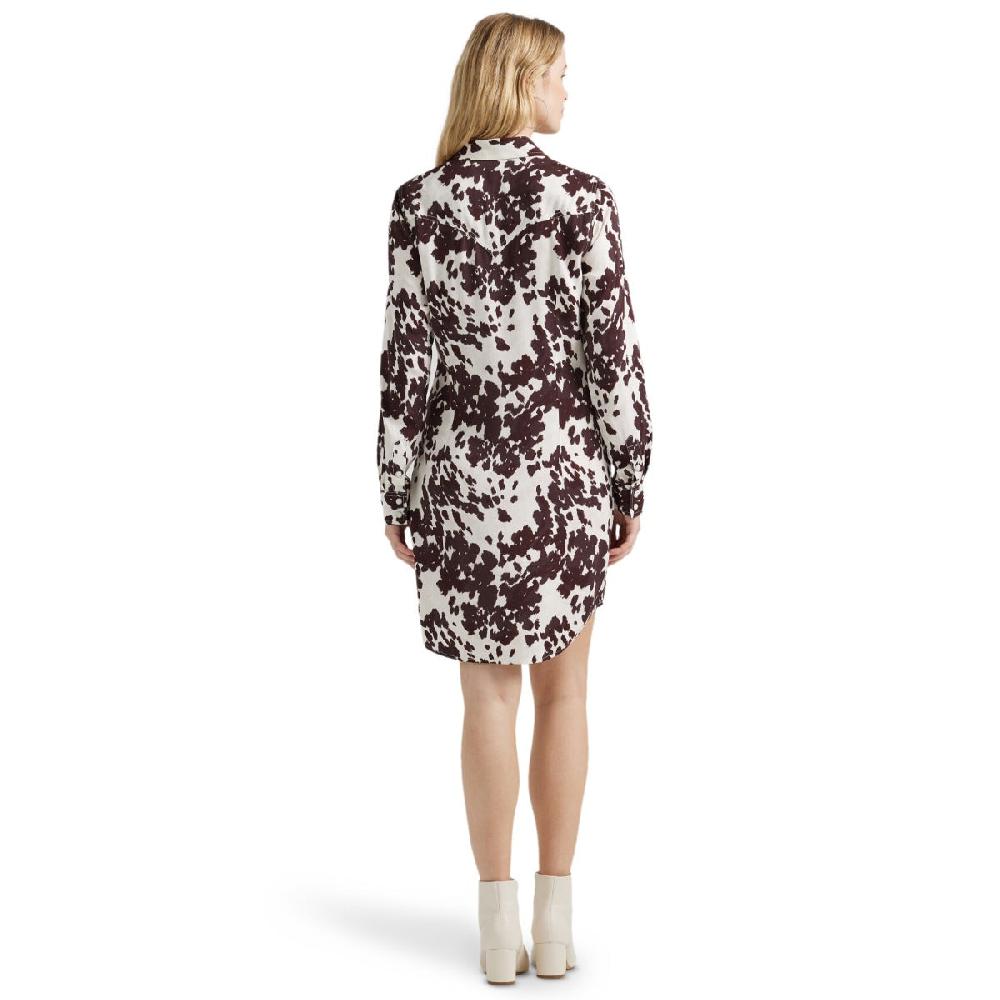 Le Bos Wrangler Brown Cow Print Women's Collared Longsleeve Snap Shirt Dress 112356666