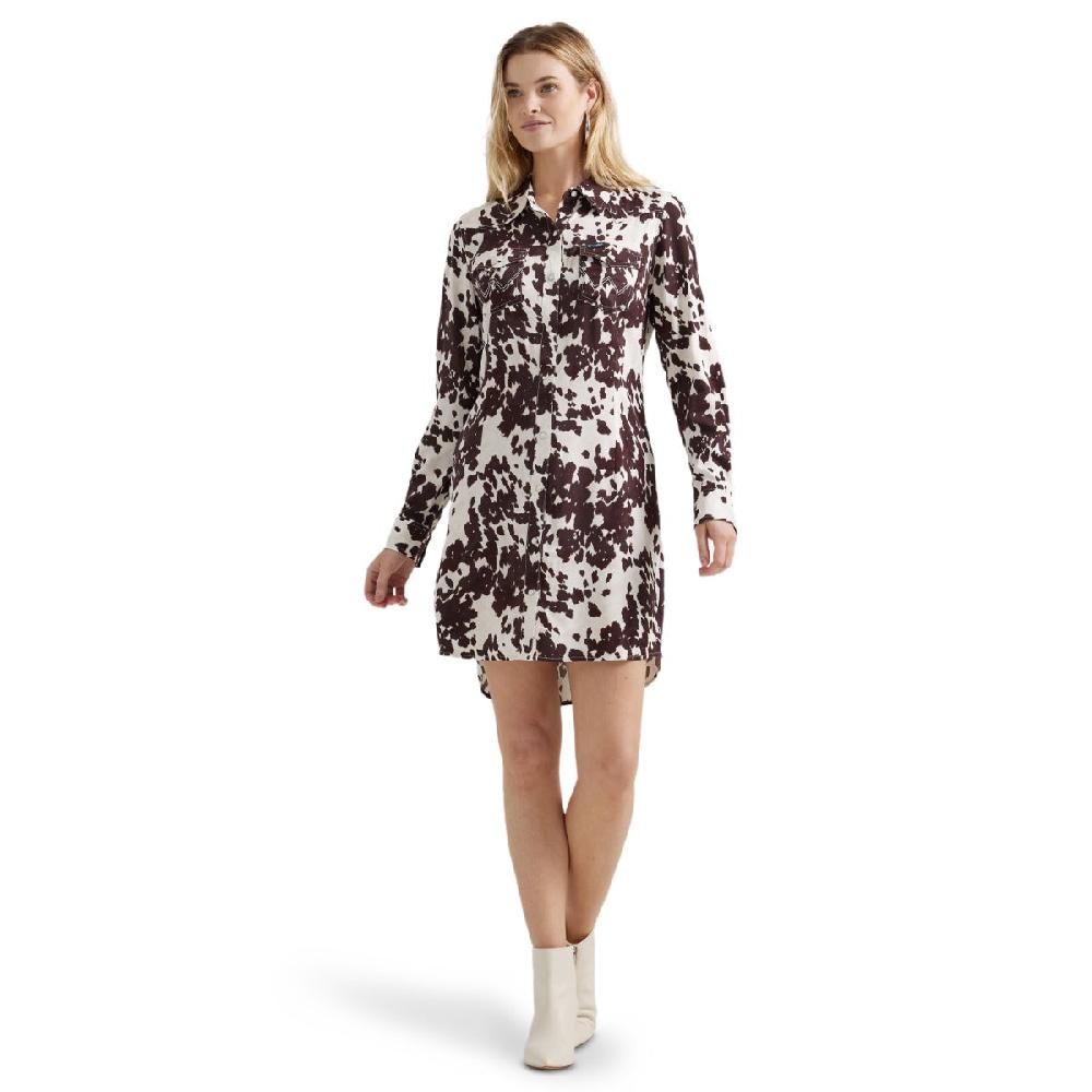le bos Wrangler Brown Cow Print Women's Collared Longsleeve Snap Shirt Dress 112356666