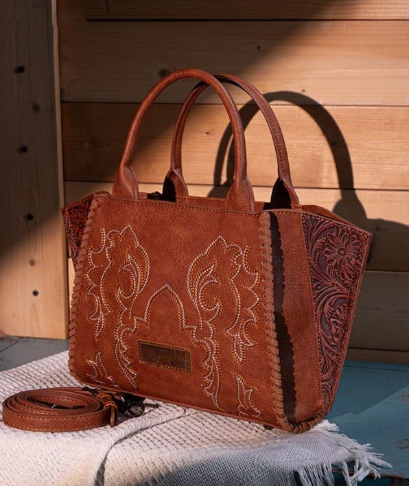 Le Bos Wrangler Brown Embroidered Boot Scroll Tote Bag WG145-8300BR