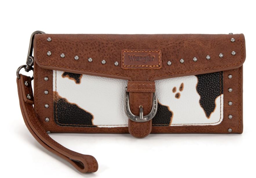 le bos Wrangler Brown Western Cow-Print Tri-fold RFID Wallet/Wristlet with Detachable Credit Card Holder WG195-W054BR