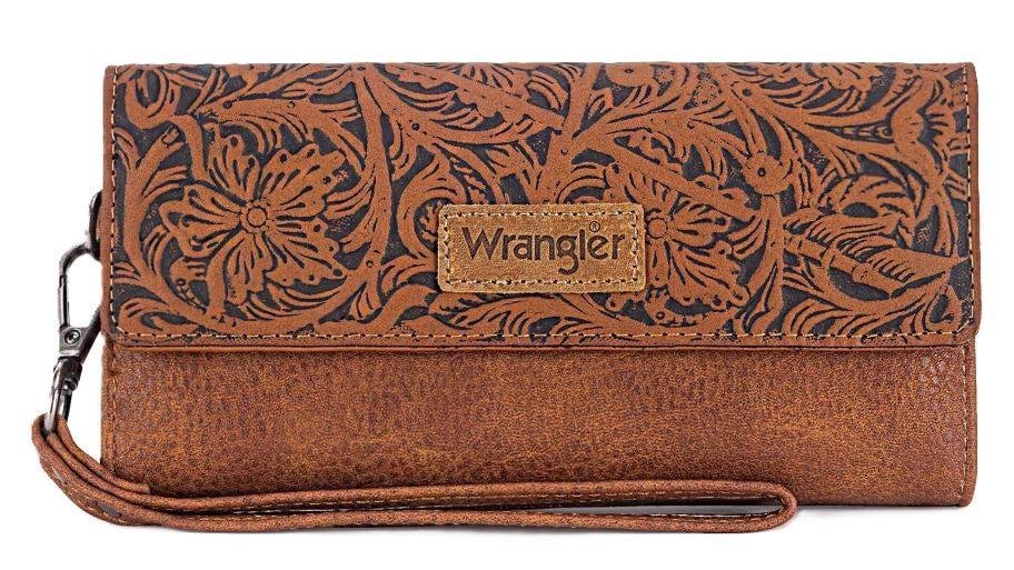 le bos Wrangler Brown Western Floral Tooled Tri-fold RFID Wallet/Wristlet WG196-W056BR