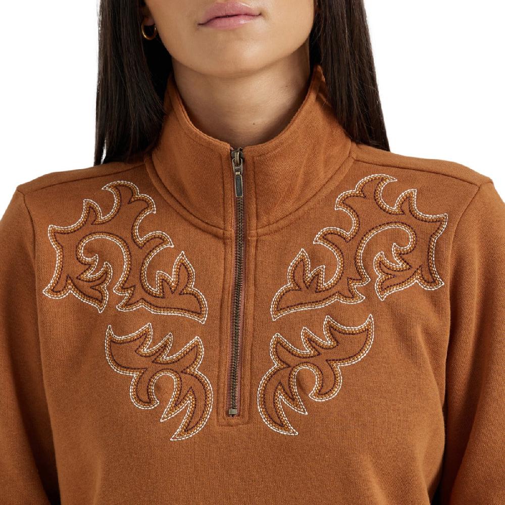 Le Bos Wrangler Brown Western Stitch Yoke Women's Quarter Zip Sweatshirt 112356689