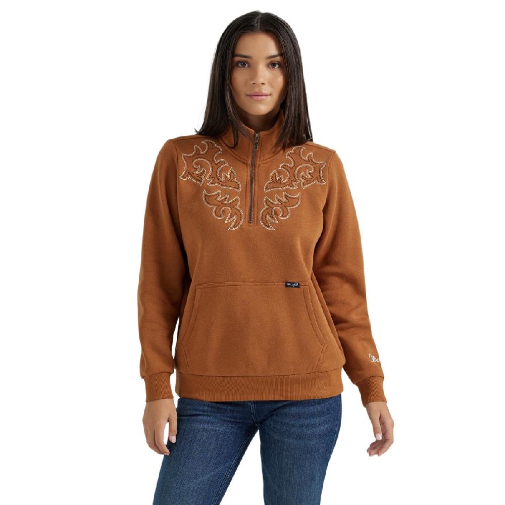 le bos Wrangler Brown Western Stitch Yoke Women's Quarter Zip Sweatshirt 112356689