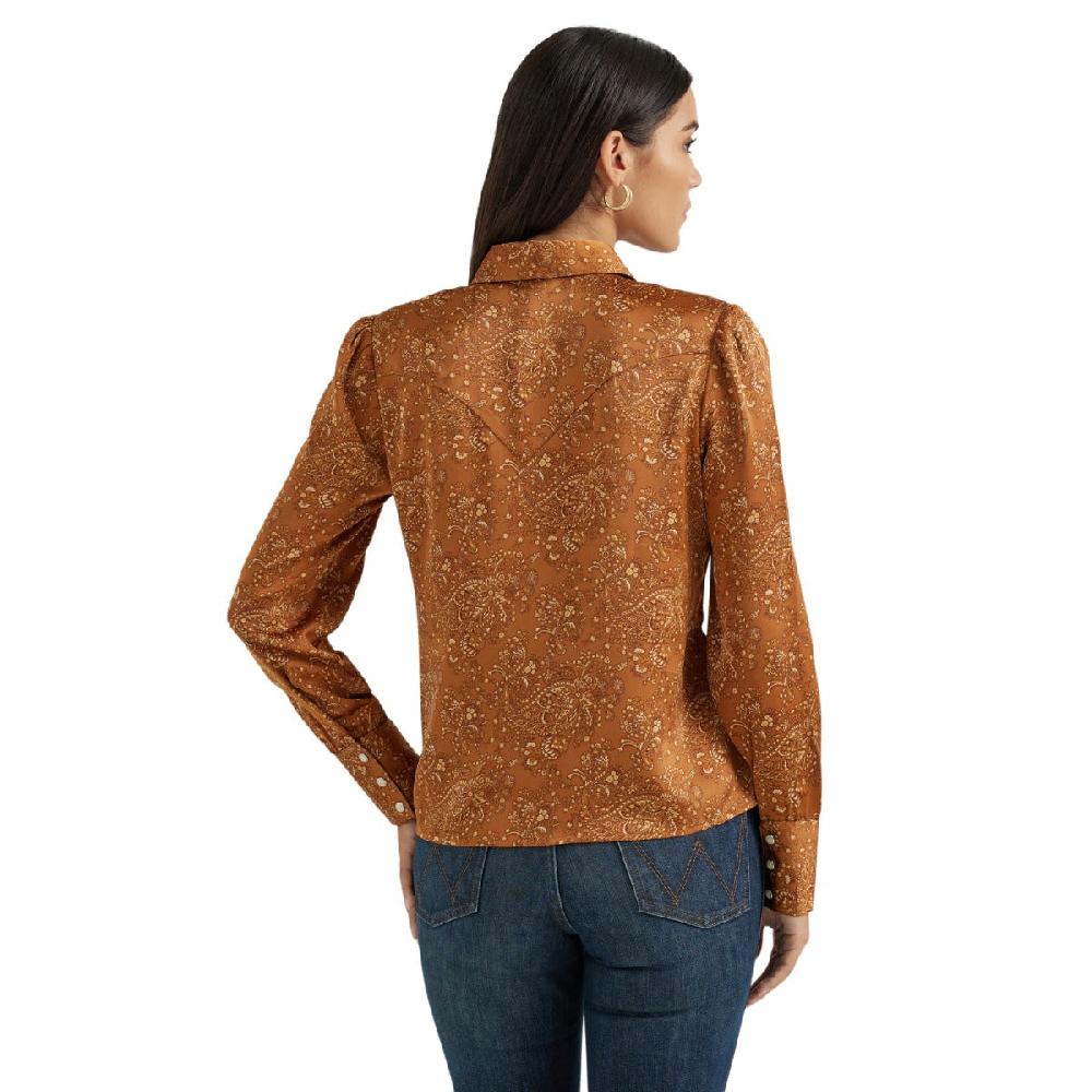 Le Bos Wrangler Brown With Paisley Print Satin Women's Rodeo Blouse 112356672