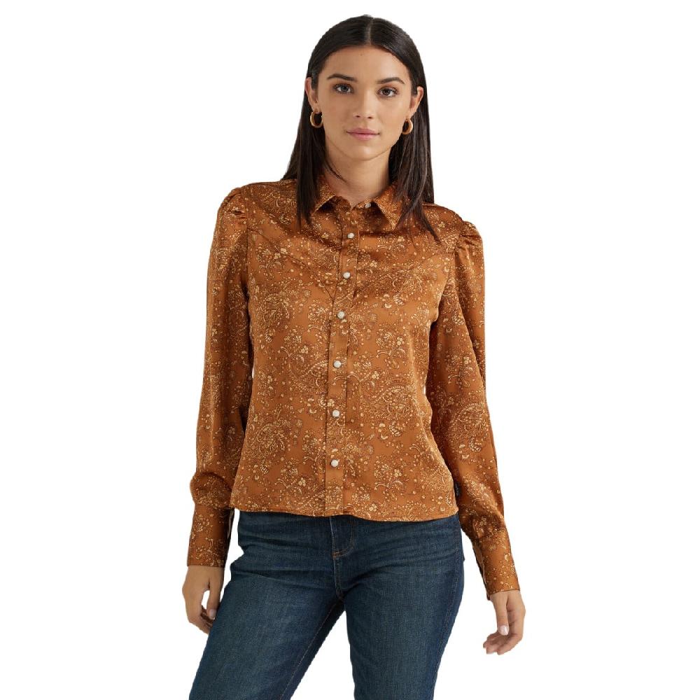 le bos Wrangler Brown with Paisley Print Satin Women's Rodeo Blouse 112356672
