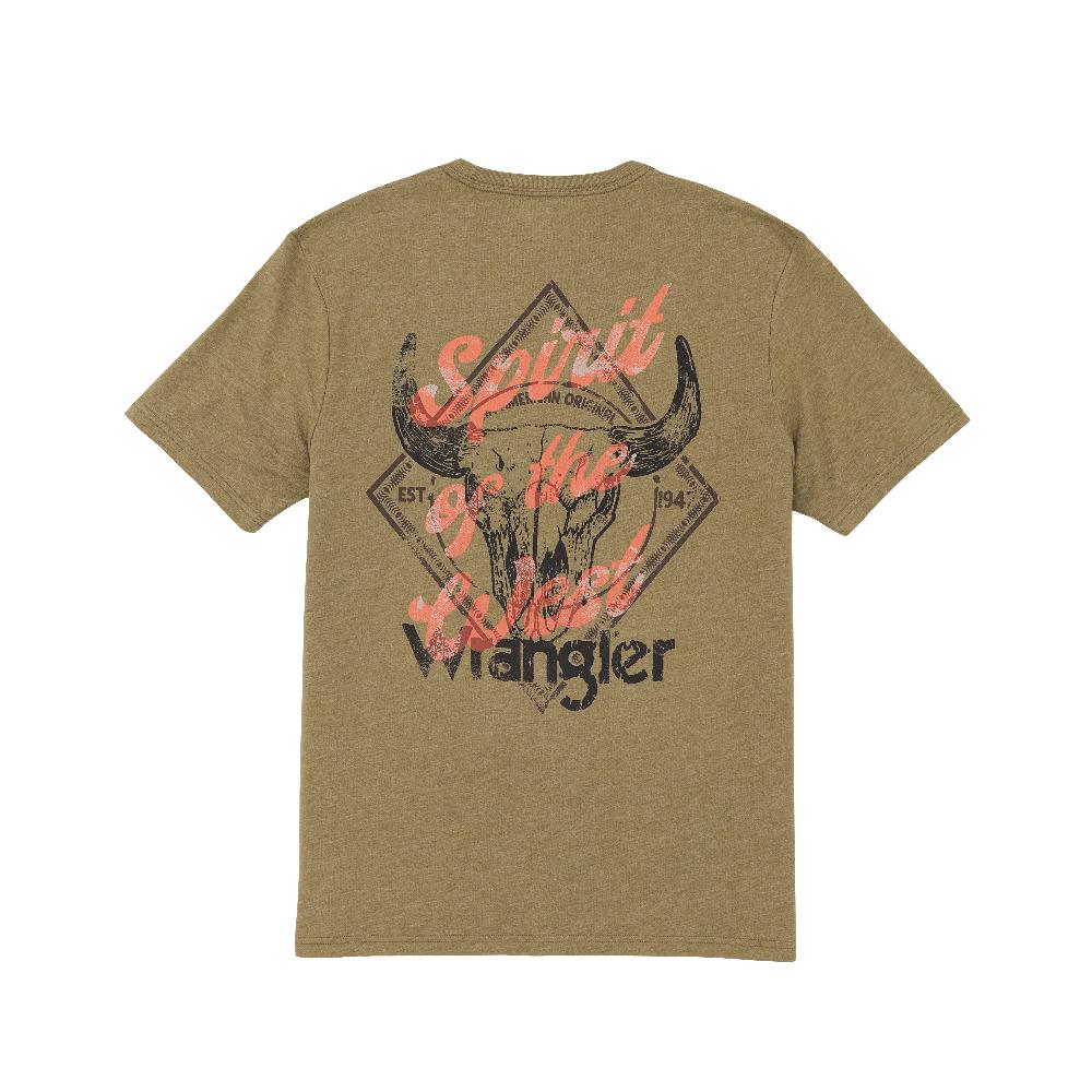 Le Bos Wrangler Burnt Olive Steer Men's Back Graphic 'Spirit Of The West' Graphic T-Shirt 112365657