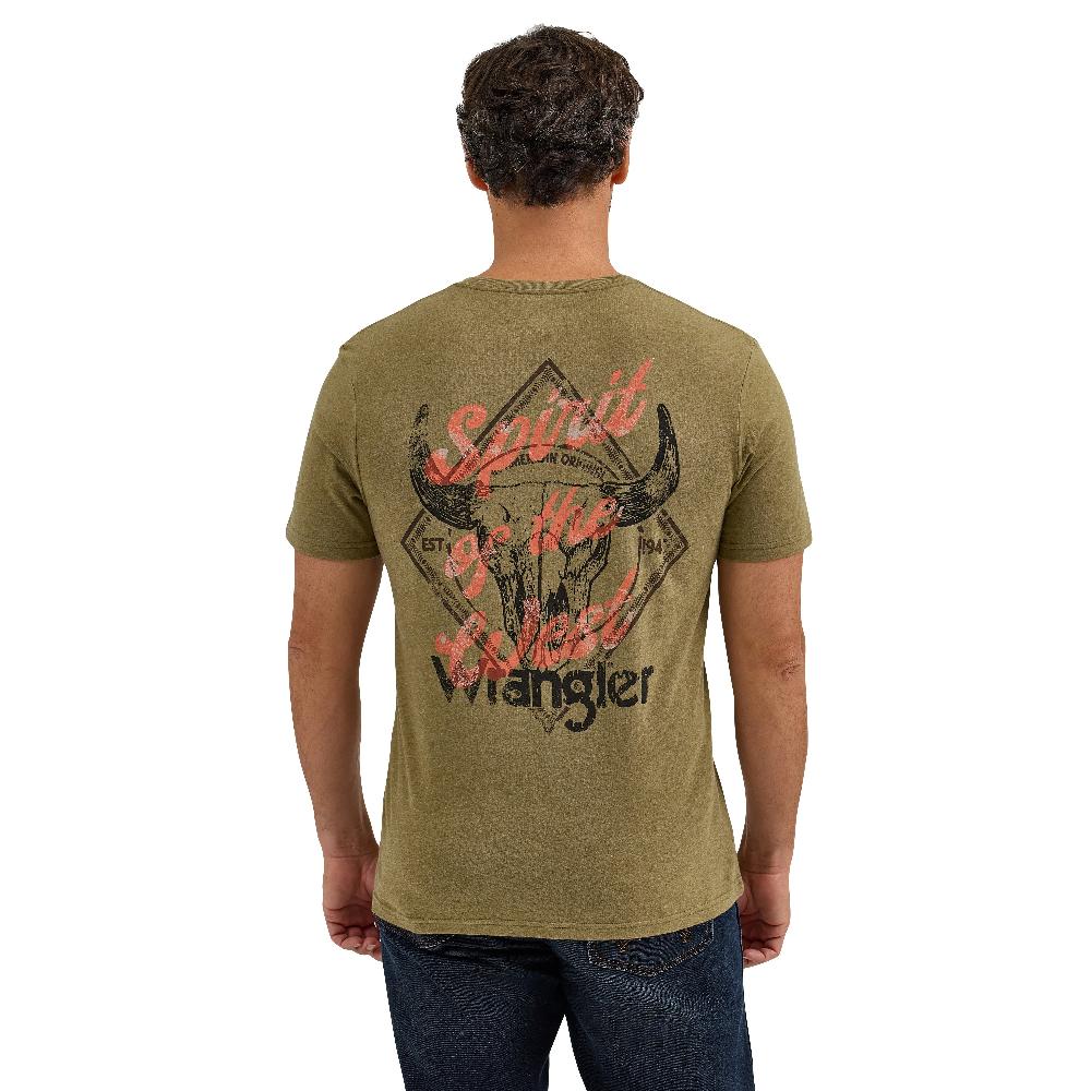 le bos Wrangler Burnt Olive Steer Men's Back Graphic 'Spirit of the West' Graphic T-Shirt 112365657