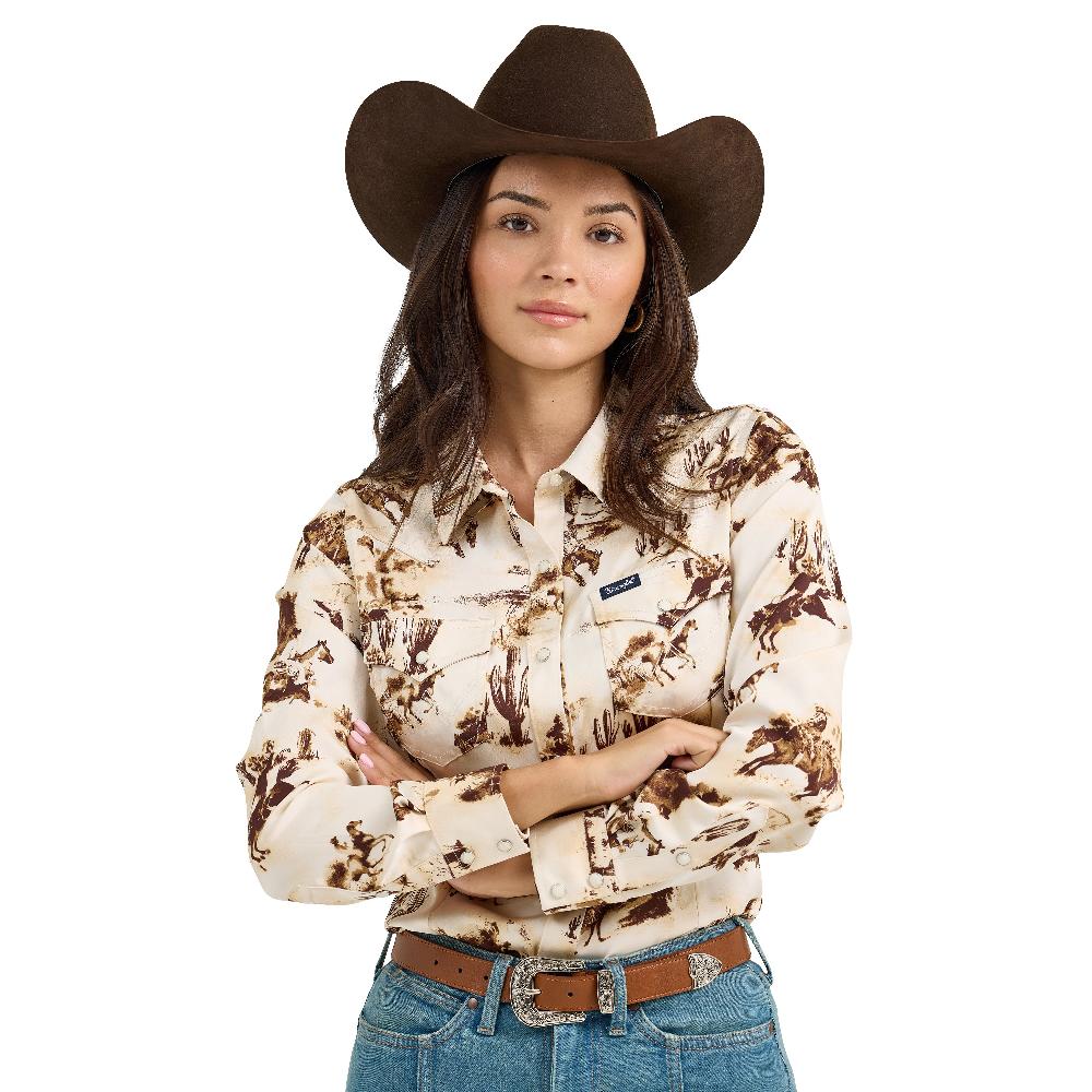Le Bos Wrangler Cacti/Cream Bold Bucking Cowboy Weomen's Collared Western Snap Shirt 112367229