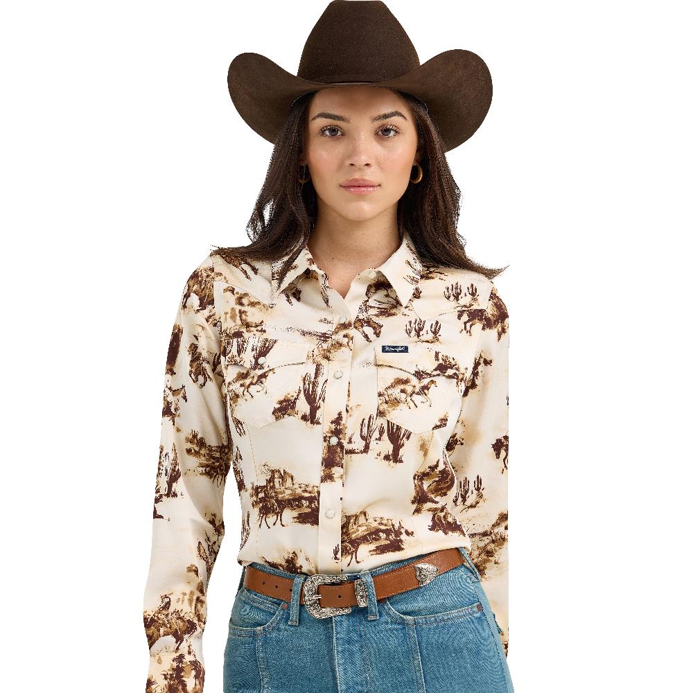 Le Bos Wrangler Cacti/Cream Bold Bucking Cowboy Weomen's Collared Western Snap Shirt 112367229