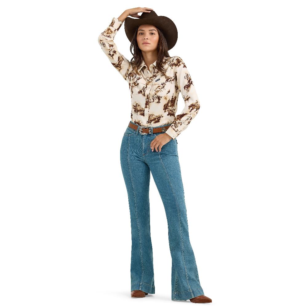 Le Bos Wrangler Cacti/Cream Bold Bucking Cowboy Weomen's Collared Western Snap Shirt 112367229
