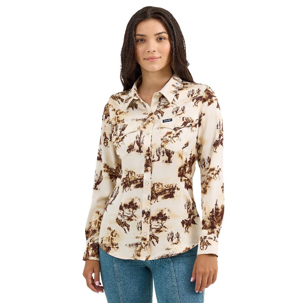 le bos Wrangler Cacti/Cream Bold Bucking Cowboy Weomen's Collared Western Snap Shirt 112367229