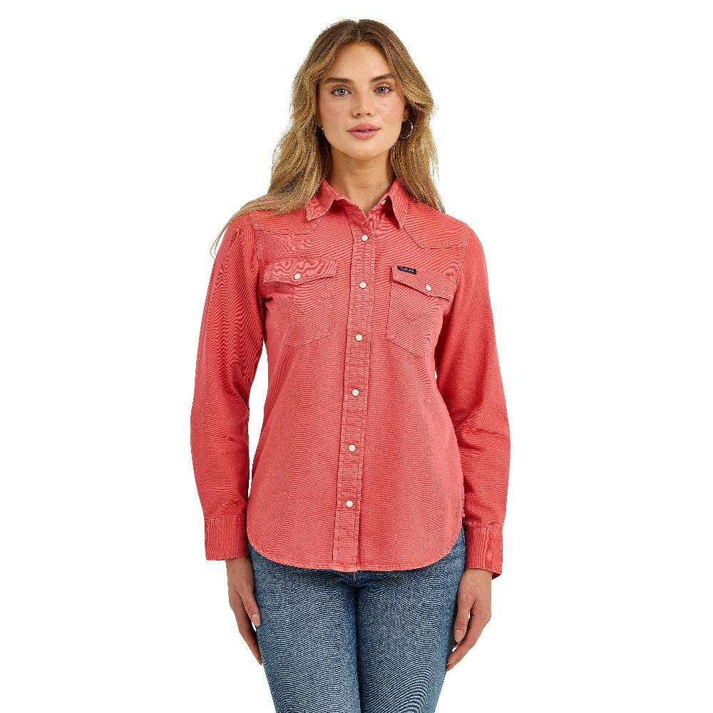 le bos Wrangler Coral Retro Punchy Women's Collared Vintage Cowboy Snap Longsleeve Top 112368182