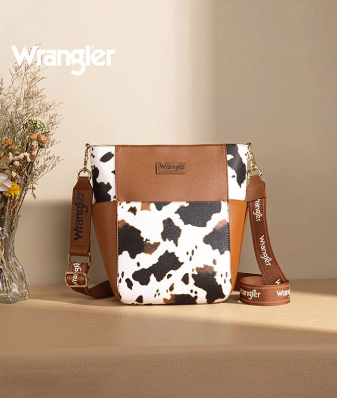Le Bos Wrangler Cow-Brown Cow Print Crossbody Bucket Bag WG67-9182COW-BR
