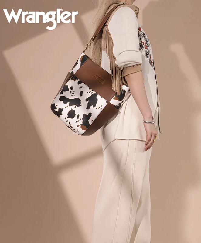 Le Bos Wrangler Cow-Brown Cow Print Crossbody Bucket Bag WG67-9182COW-BR