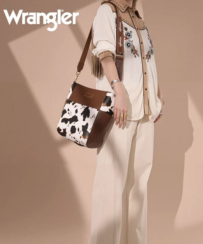Le Bos Wrangler Cow-Brown Cow Print Crossbody Bucket Bag WG67-9182COW-BR