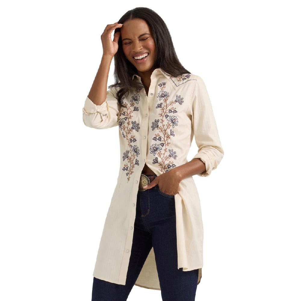 Le Bos Wrangler Cream/Floral Retro Women's Collared Western Snap Shirt Dress 112361198