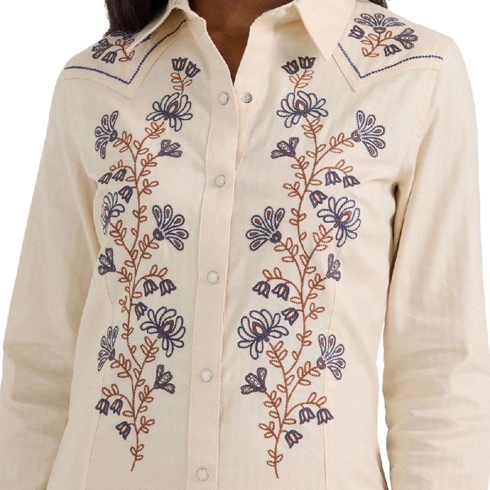 Le Bos Wrangler Cream/Floral Retro Women's Collared Western Snap Shirt Dress 112361198