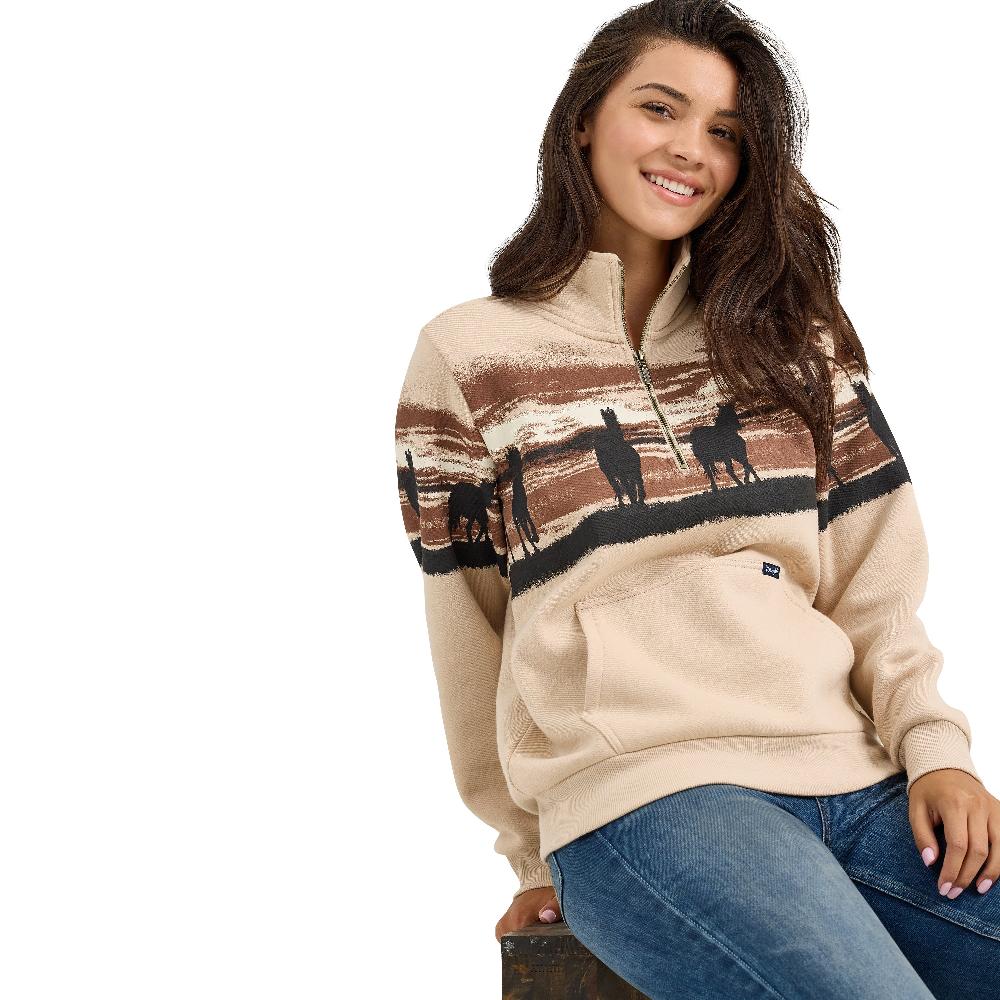 Le Bos Wrangler Cream With Horses Women's Western Quarter Zip Sweatshirt 112367394
