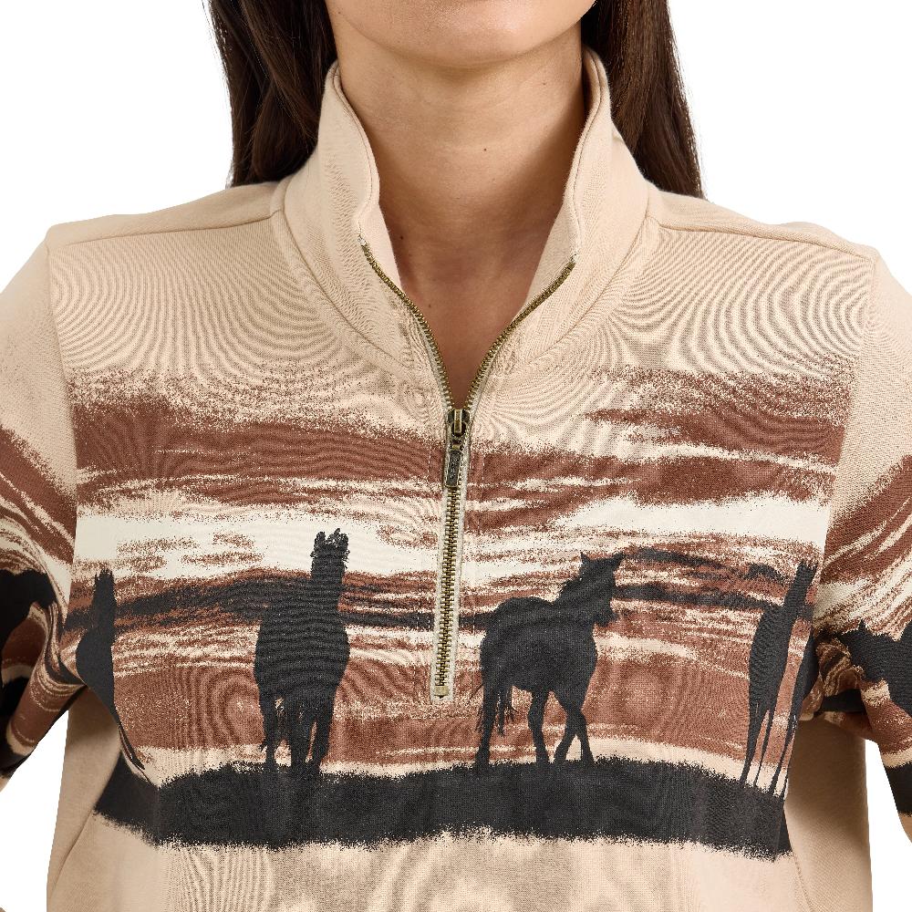 Le Bos Wrangler Cream With Horses Women's Western Quarter Zip Sweatshirt 112367394