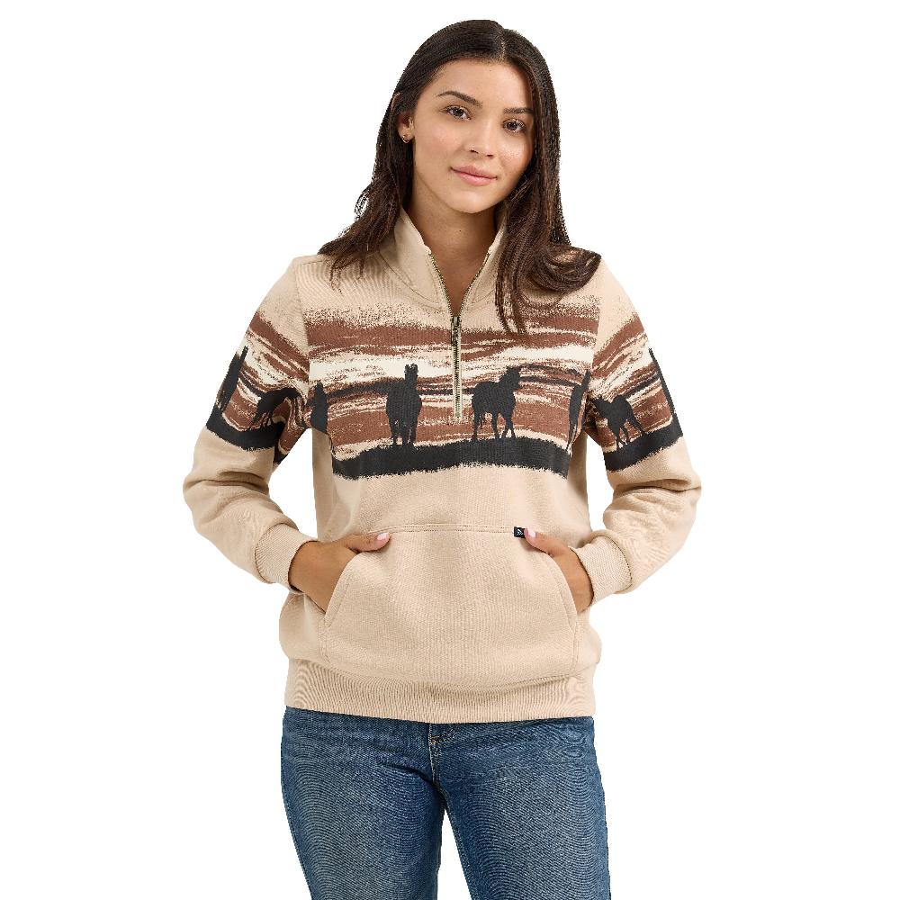 Le Bos Wrangler Cream With Horses Women's Western Quarter Zip Sweatshirt 112367394