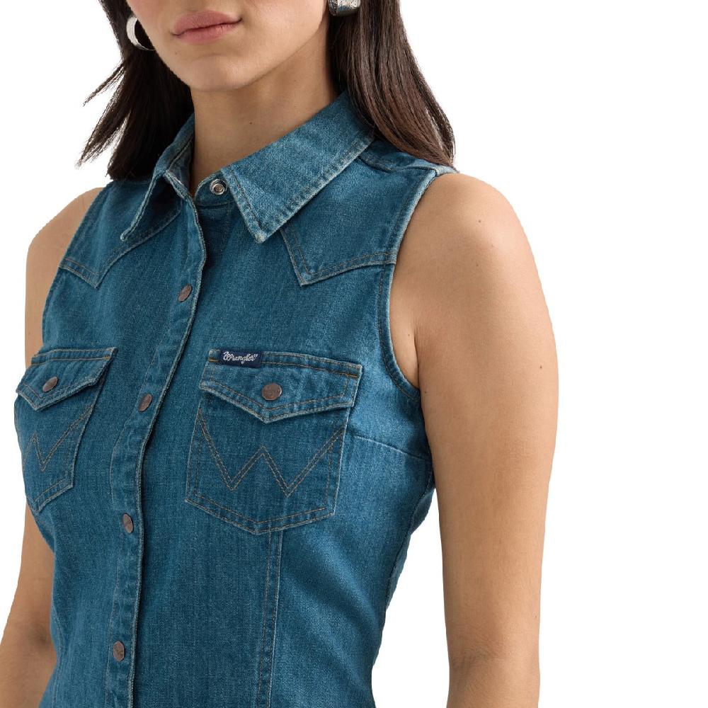Le Bos Wrangler Dark Wash Denim Women's Collared Sleeveless Snap Shirt Dress 112360791