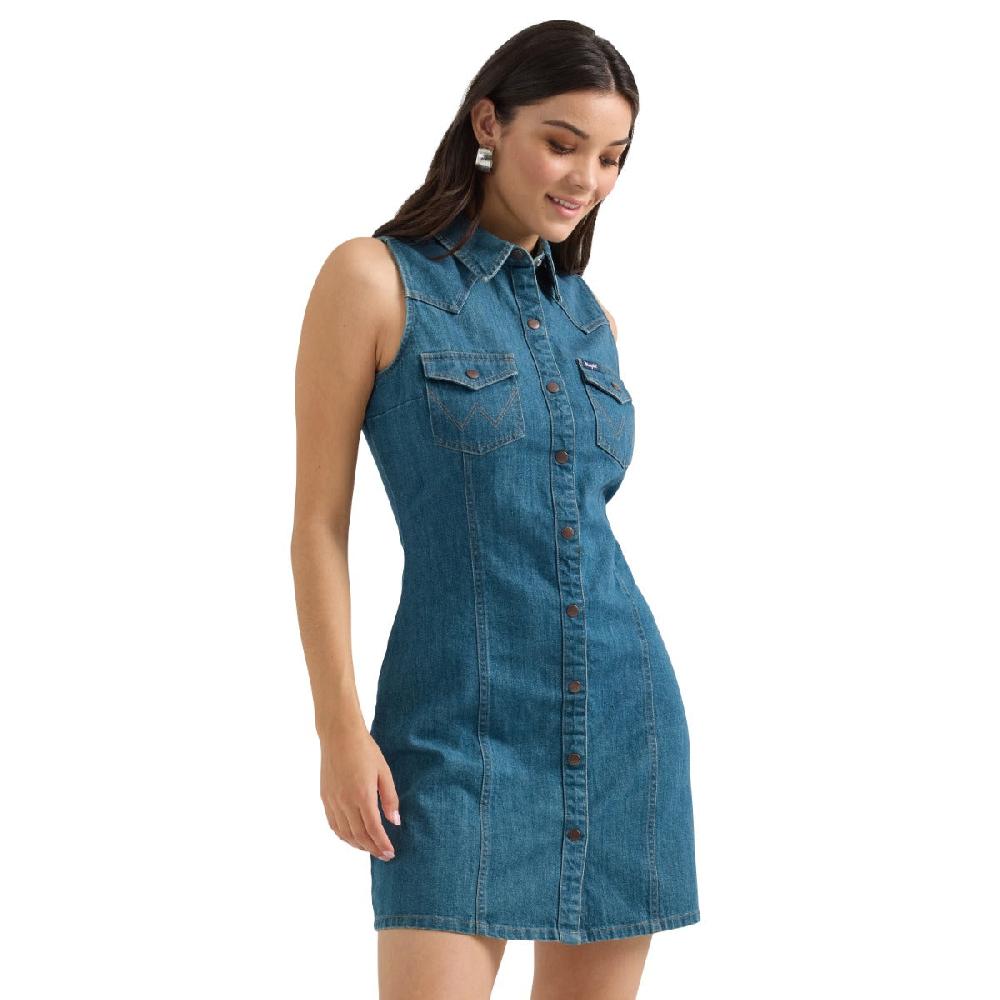 le bos Wrangler Dark Wash Denim Women's Collared Sleeveless Snap Shirt Dress 112360791