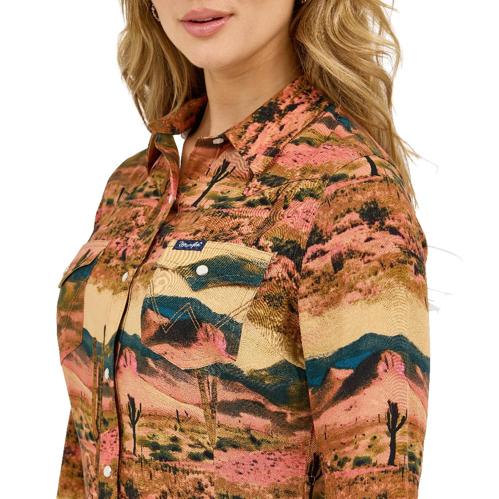 Le Bos Wrangler Desert Tan Women's Desert Print Collared Longsleeve Western Snap Top 112371687
