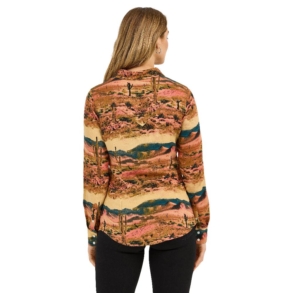 Le Bos Wrangler Desert Tan Women's Desert Print Collared Longsleeve Western Snap Top 112371687