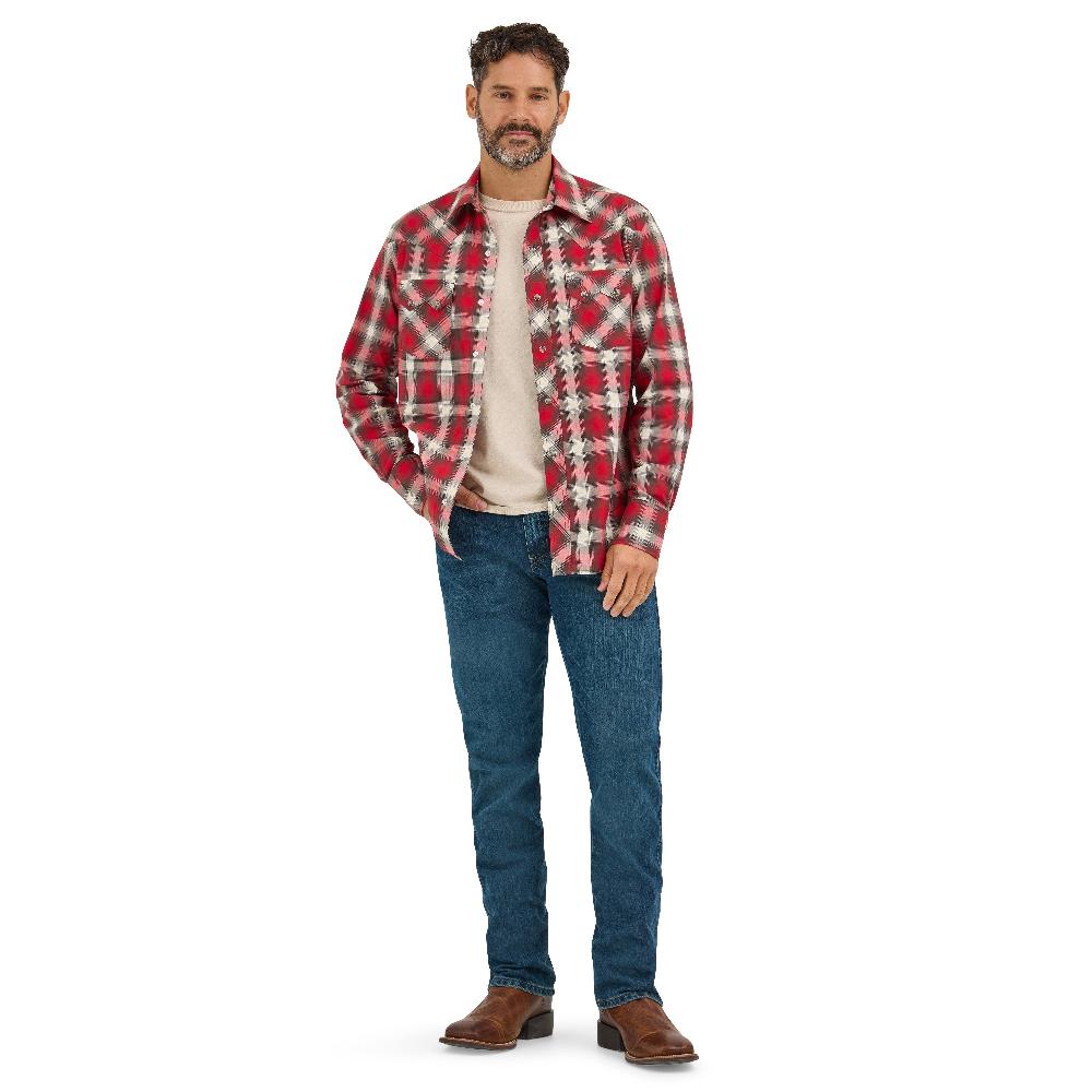 Le Bos Wrangler Firetruck Red Retro Longsleeve Sawtooth Men's Collared Snap Pocket Western Shirt 112369521