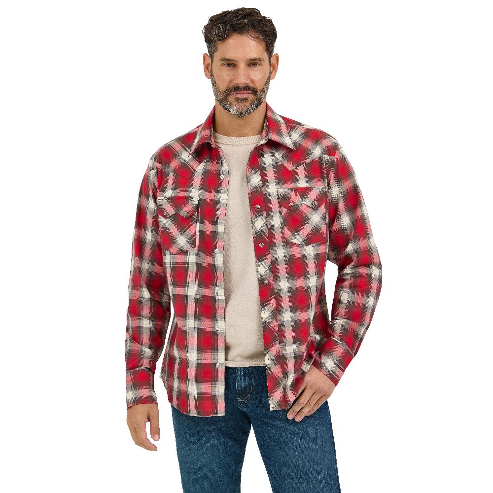 le bos Wrangler Firetruck Red Retro Longsleeve Sawtooth Men's Collared Snap Pocket Western Shirt 112369521