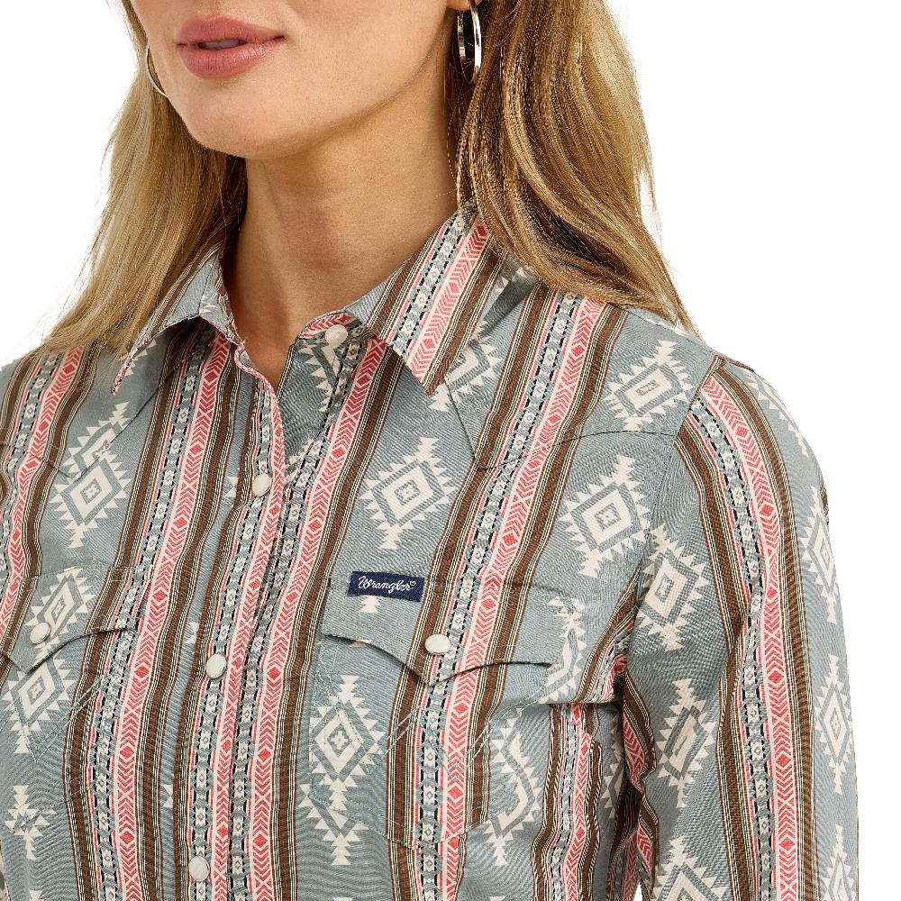 Le Bos Wrangler Green Retro Punchy Women's Collared Longsleeve Snap Top 112367279