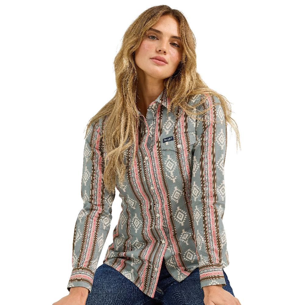 Le Bos Wrangler Green Retro Punchy Women's Collared Longsleeve Snap Top 112367279