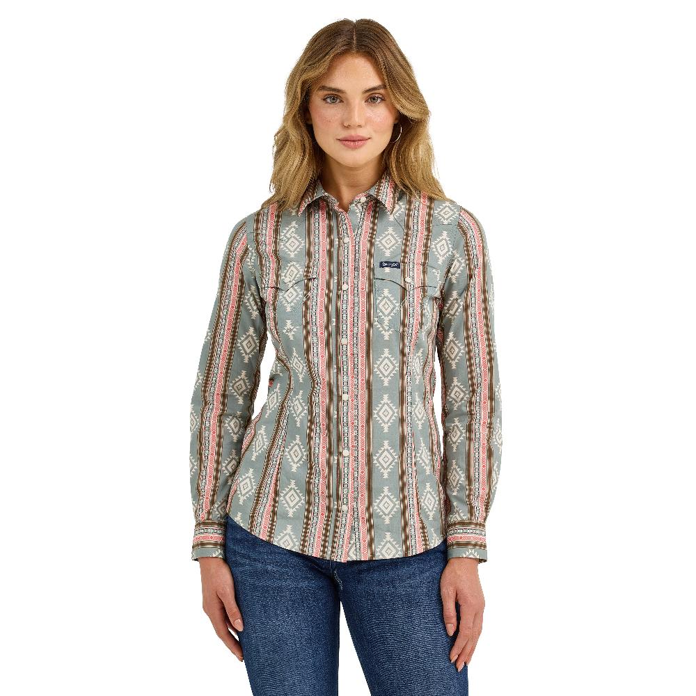 Le Bos Wrangler Green Retro Punchy Women's Collared Longsleeve Snap Top 112367279