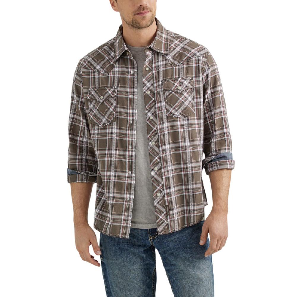 Le Bos Wrangler Hardwood Brown Plaid Retro Premium Longsleeve Collared Men's Western Snap Plaid Shirt 112356588