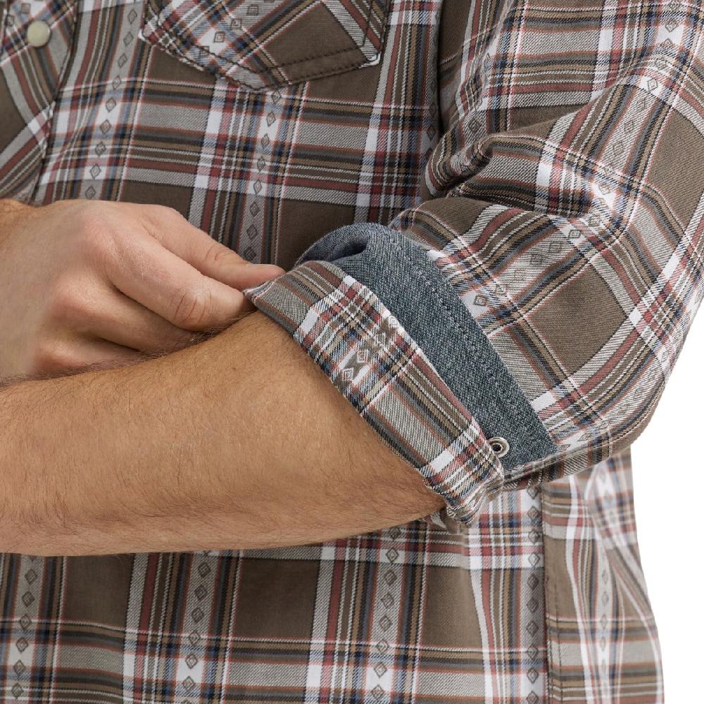 Le Bos Wrangler Hardwood Brown Plaid Retro Premium Longsleeve Collared Men's Western Snap Plaid Shirt 112356588