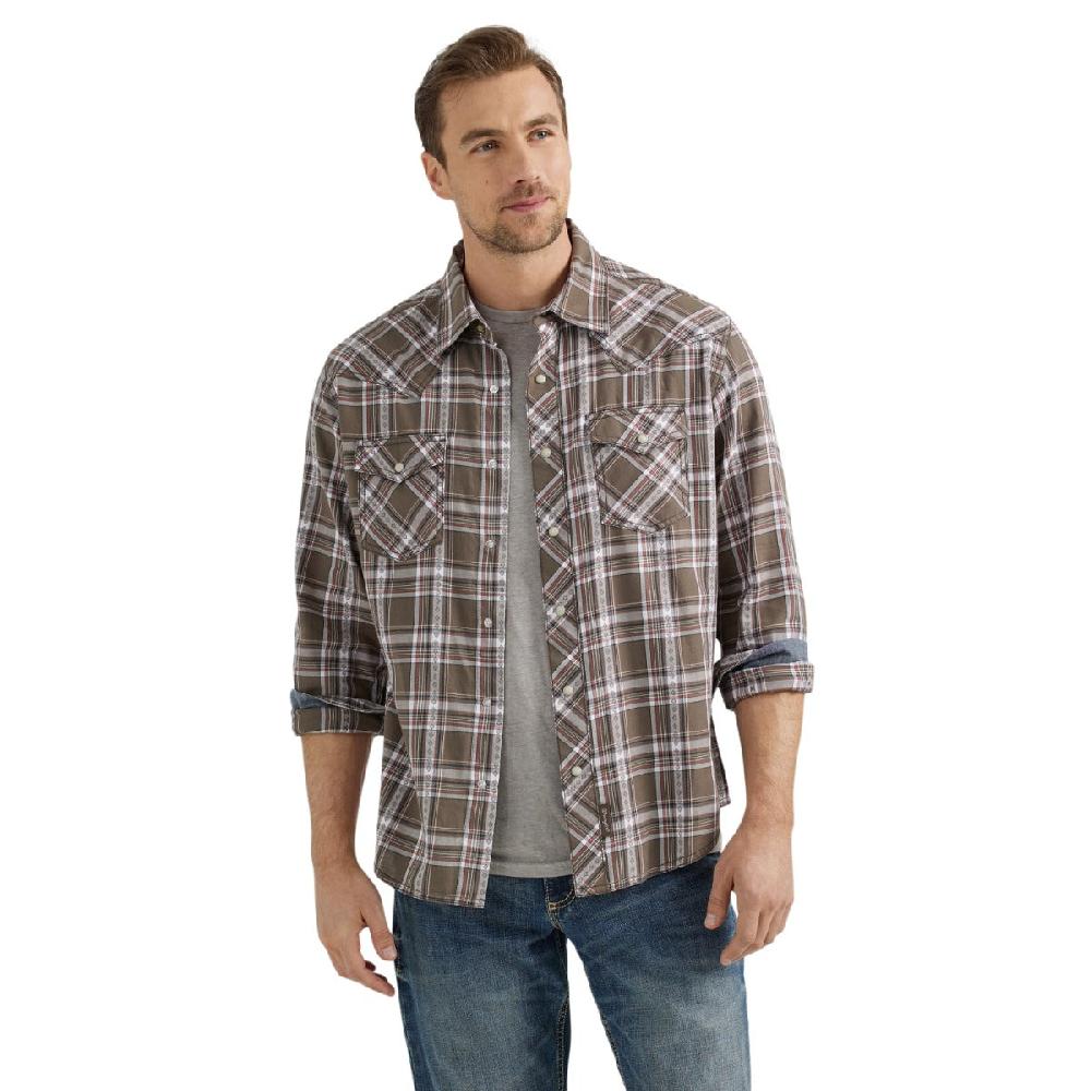 le bos Wrangler Hardwood Brown Plaid Retro Premium Longsleeve Collared Men's Western Snap Plaid Shirt 112356588