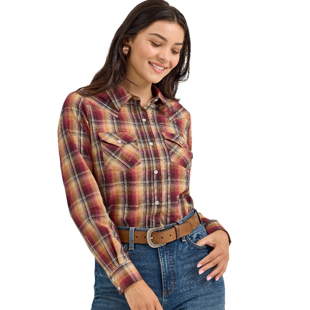 Le Bos Wrangler Harvest Plaid Essential Women's Collared Long Sleeve Western Snap Top 112367228