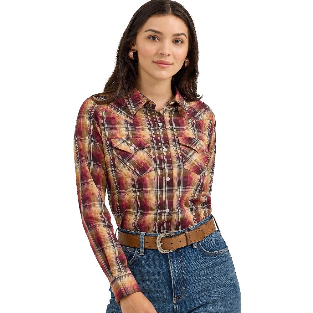 le bos Wrangler Harvest Plaid Essential Women's Collared Long Sleeve Western Snap Top 112367228