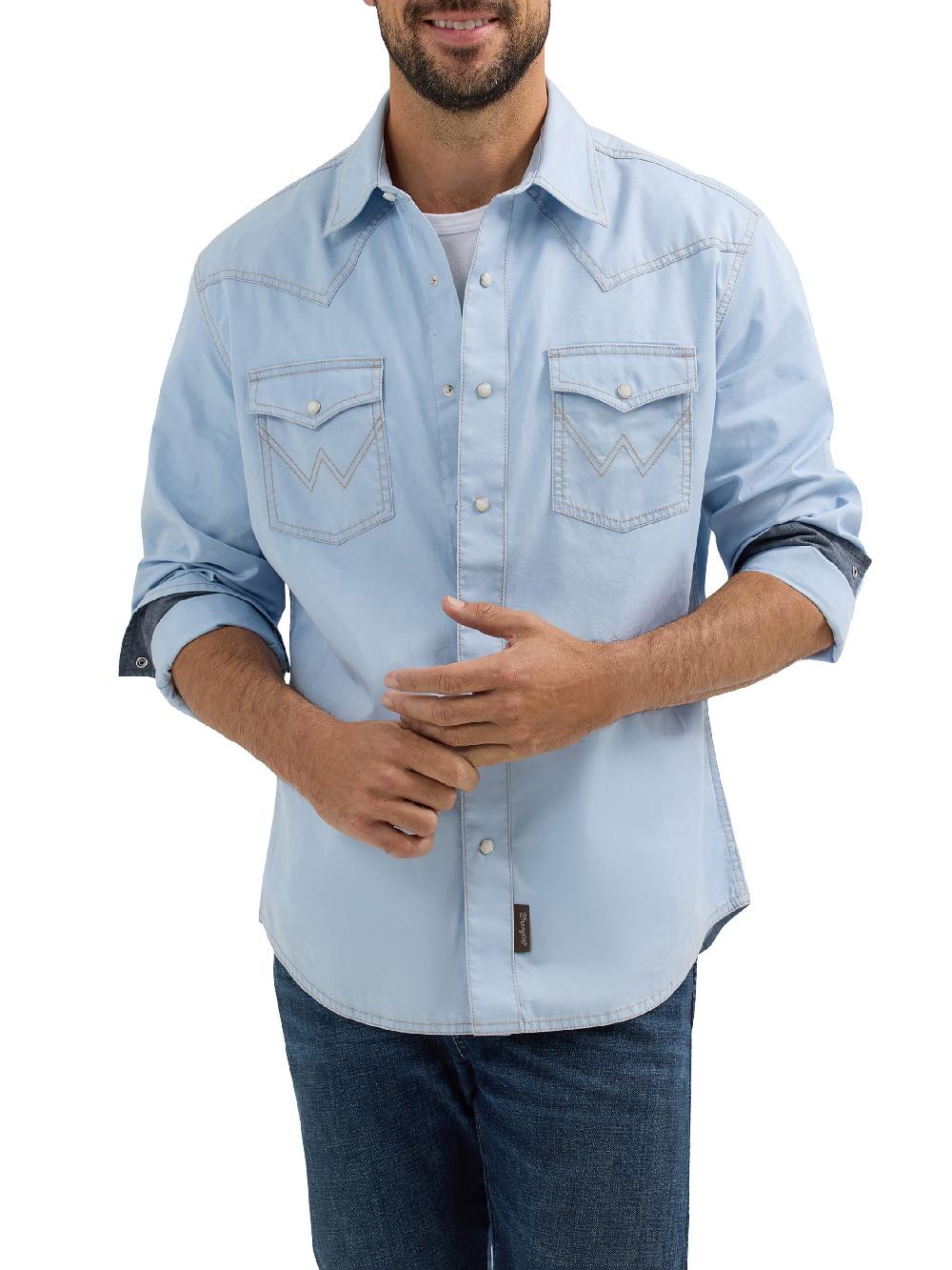Le Bos Wrangler Ice Blue Retro Premium Men's Longsleeve Collared Western Snap Shirt 112365625