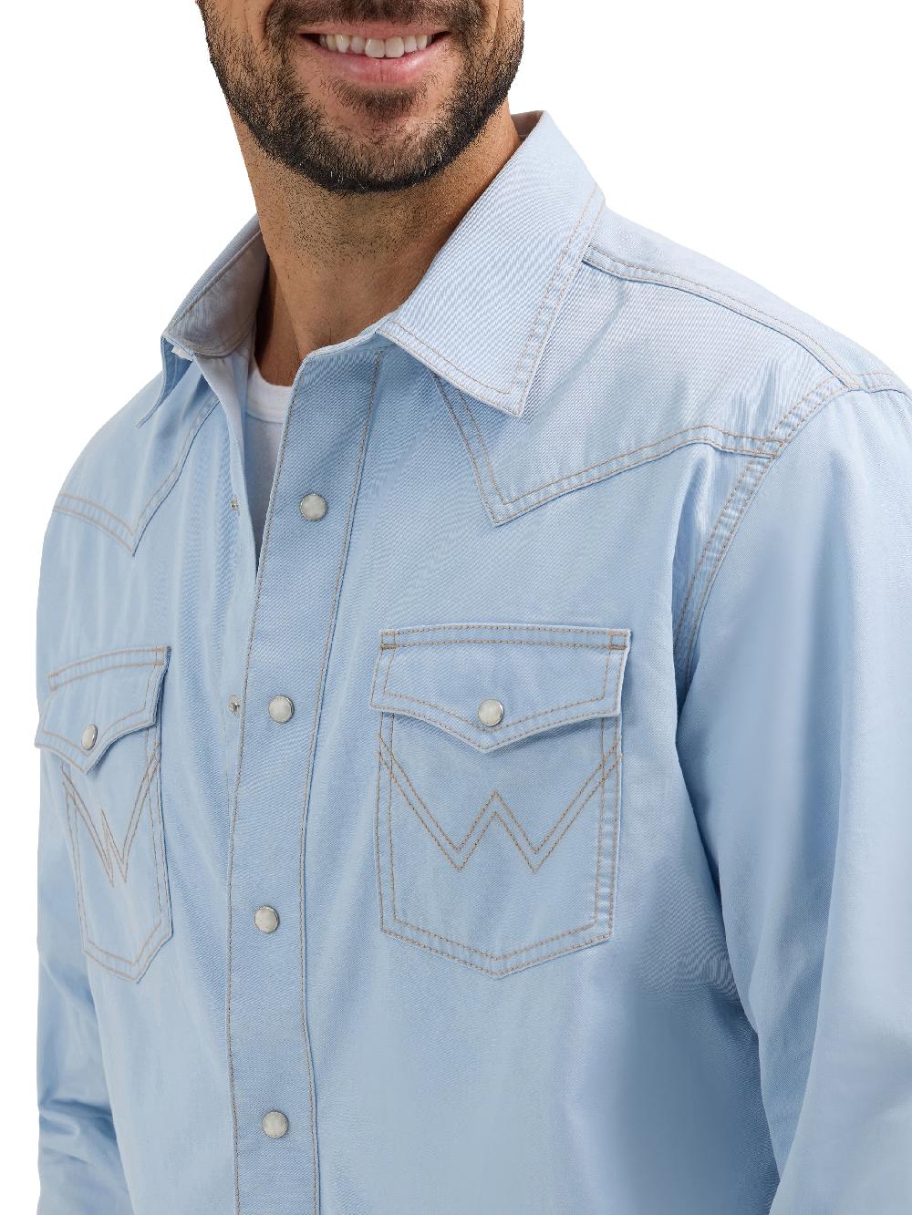 Le Bos Wrangler Ice Blue Retro Premium Men's Longsleeve Collared Western Snap Shirt 112365625