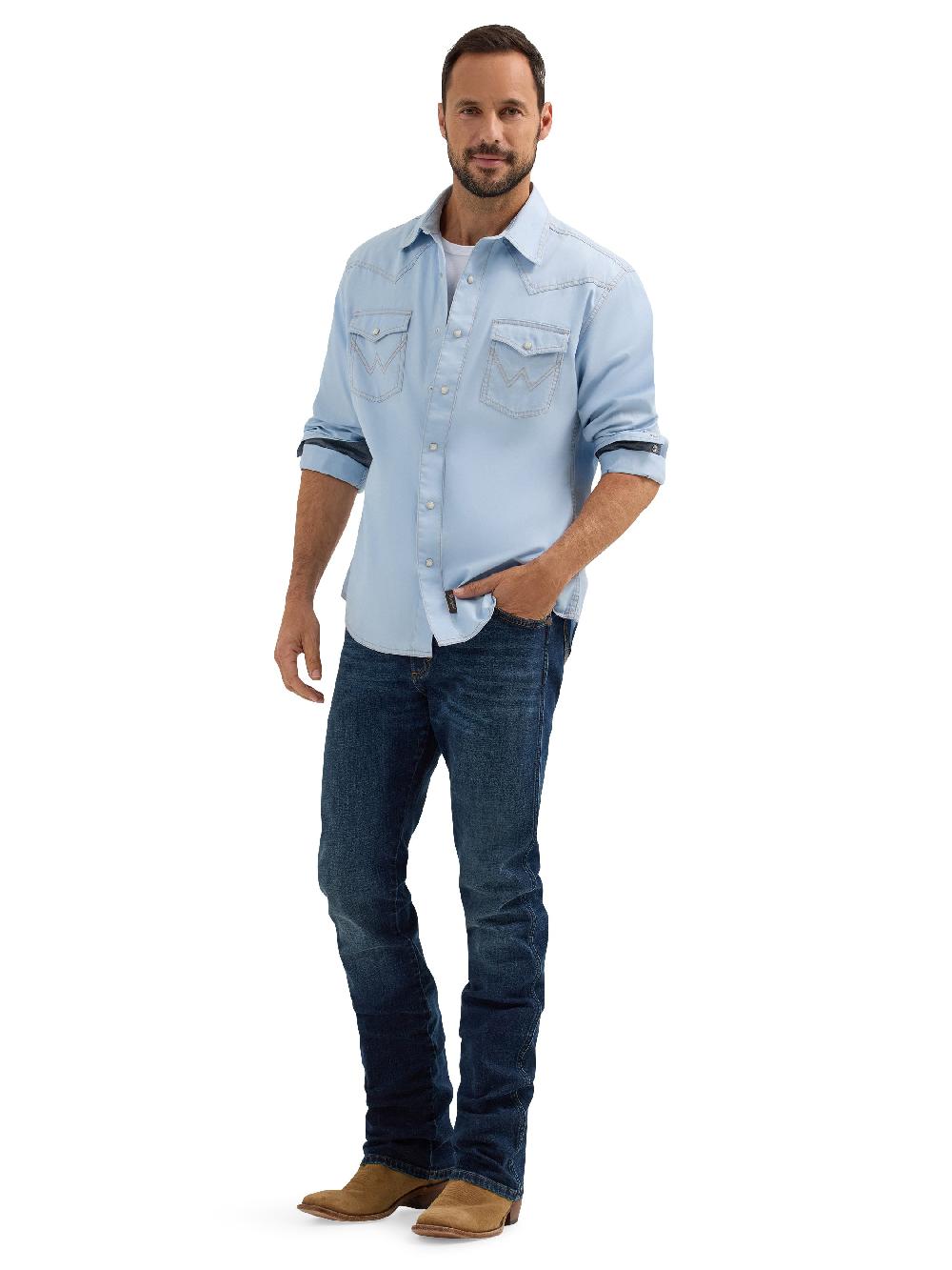 Le Bos Wrangler Ice Blue Retro Premium Men's Longsleeve Collared Western Snap Shirt 112365625