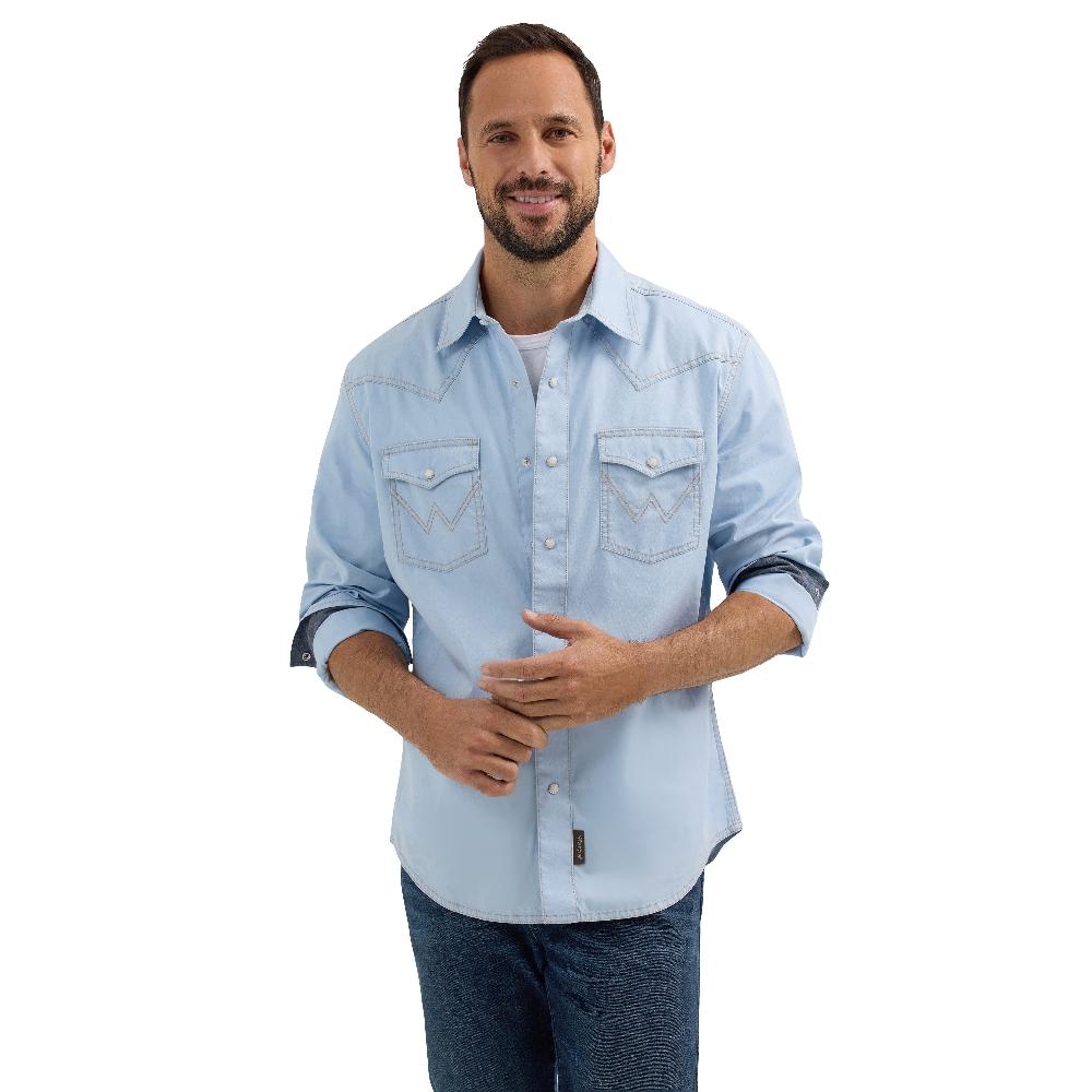 le bos Wrangler Ice Blue Retro Premium Men's Longsleeve Collared Western Snap Shirt 112365625
