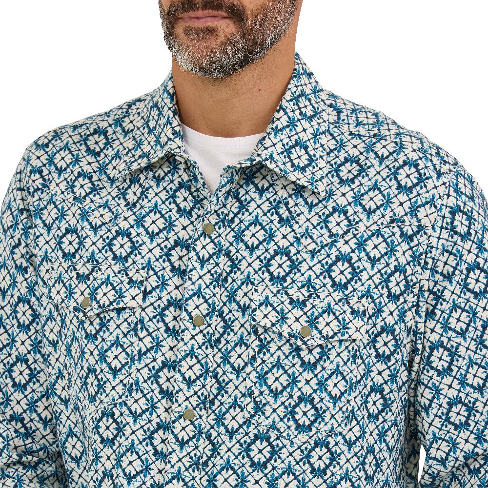 Le Bos Wrangler Indigo Dye Print Retro Premium Men's Longsleeve Collared Western Snap Shirt 112369844