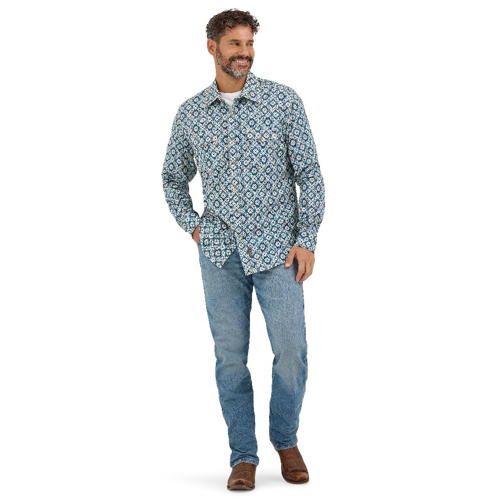 Le Bos Wrangler Indigo Dye Print Retro Premium Men's Longsleeve Collared Western Snap Shirt 112369844