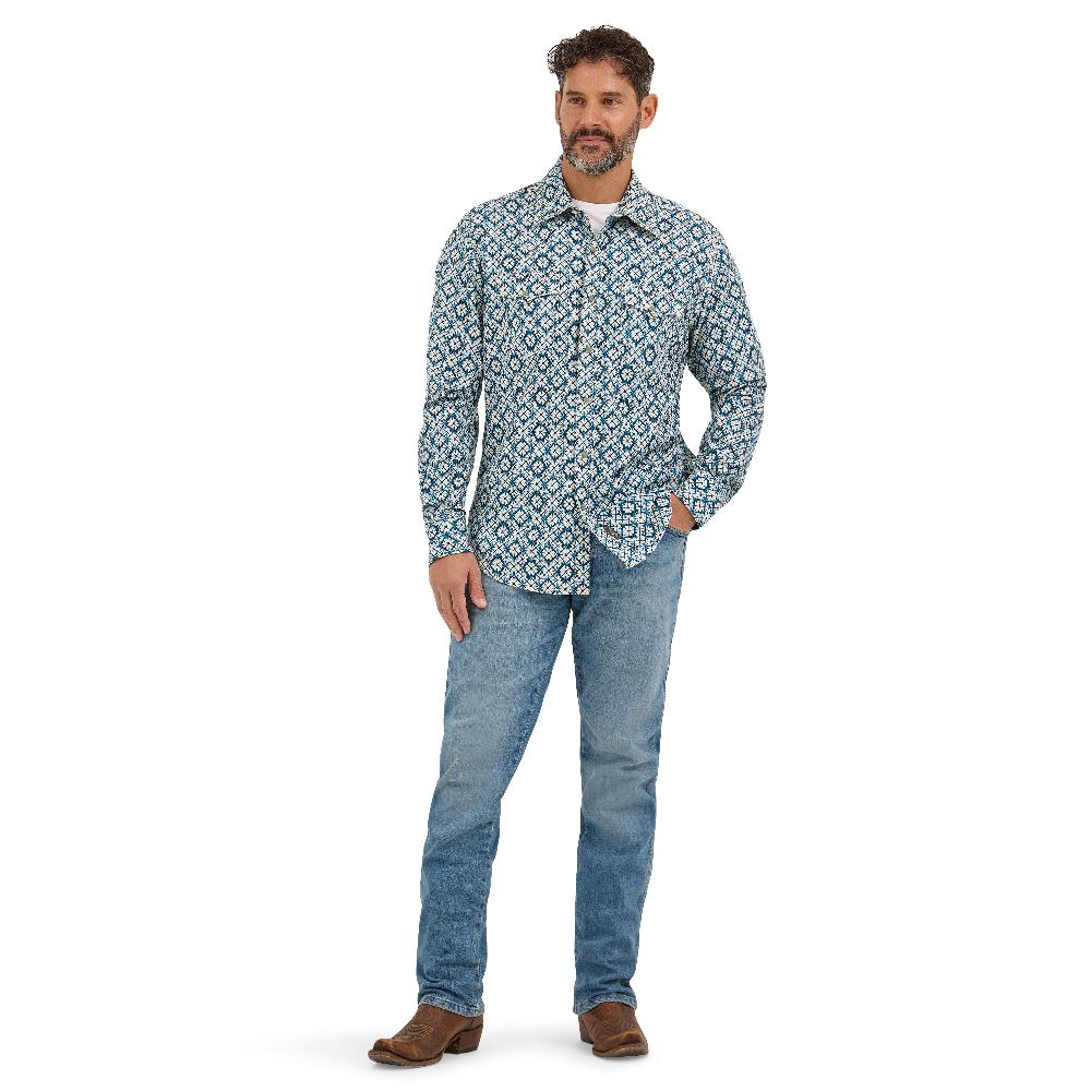 Le Bos Wrangler Indigo Dye Print Retro Premium Men's Longsleeve Collared Western Snap Shirt 112369844