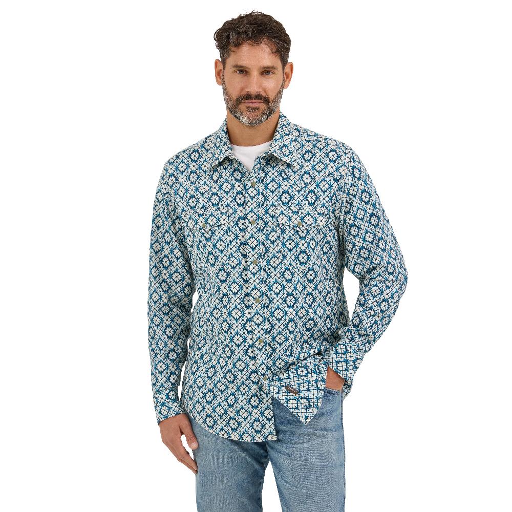 le bos Wrangler Indigo Dye Print Retro Premium Men's Longsleeve Collared Western Snap Shirt 112369844