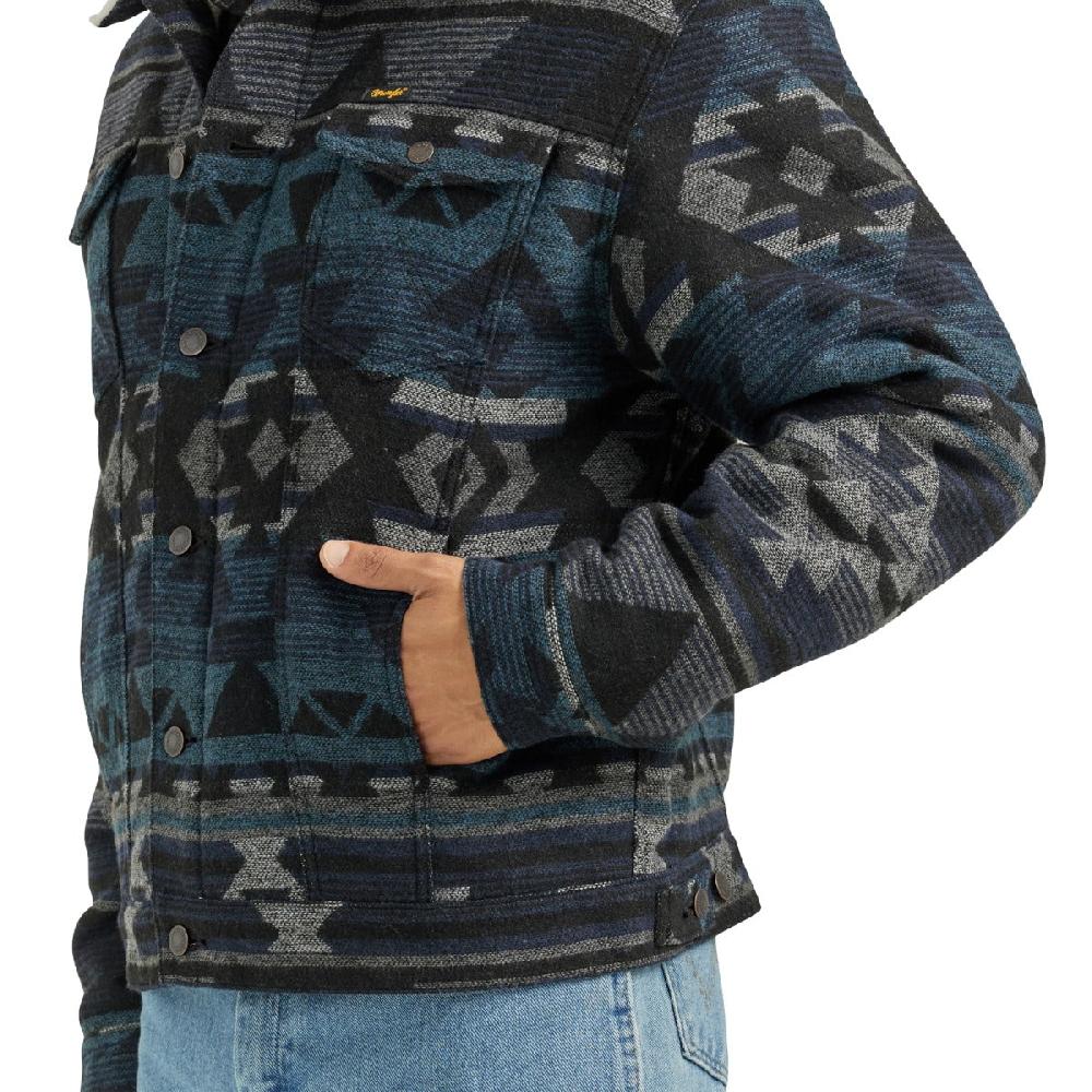 Le Bos Wrangler Navy Waters Sherpa Lined Men's Jacquard Print Jacket With Spread Collar 112352866