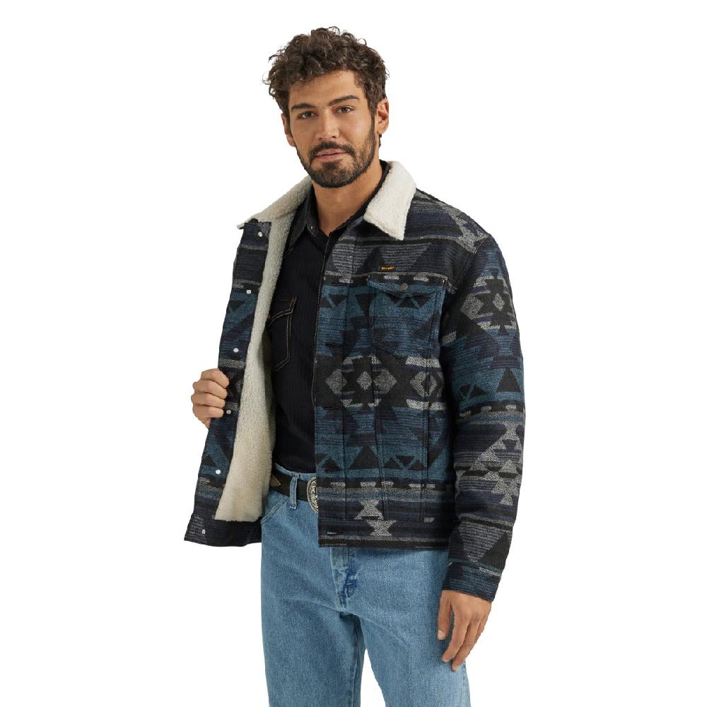 le bos Wrangler Navy Waters Sherpa Lined Men's Jacquard Print Jacket with Spread Collar 112352866